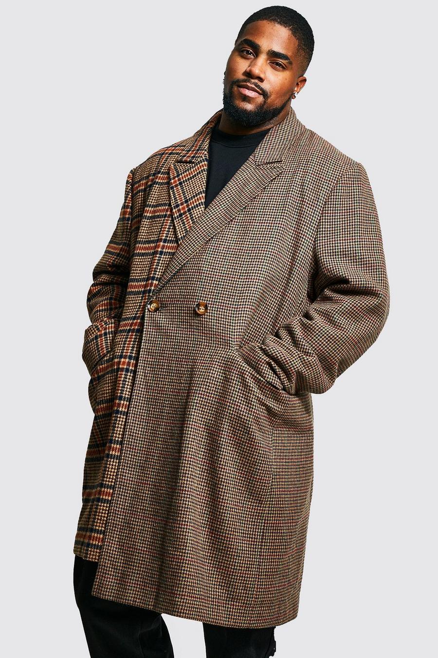 Brown marrone Plus Spliced Check Asymmetric Overcoat