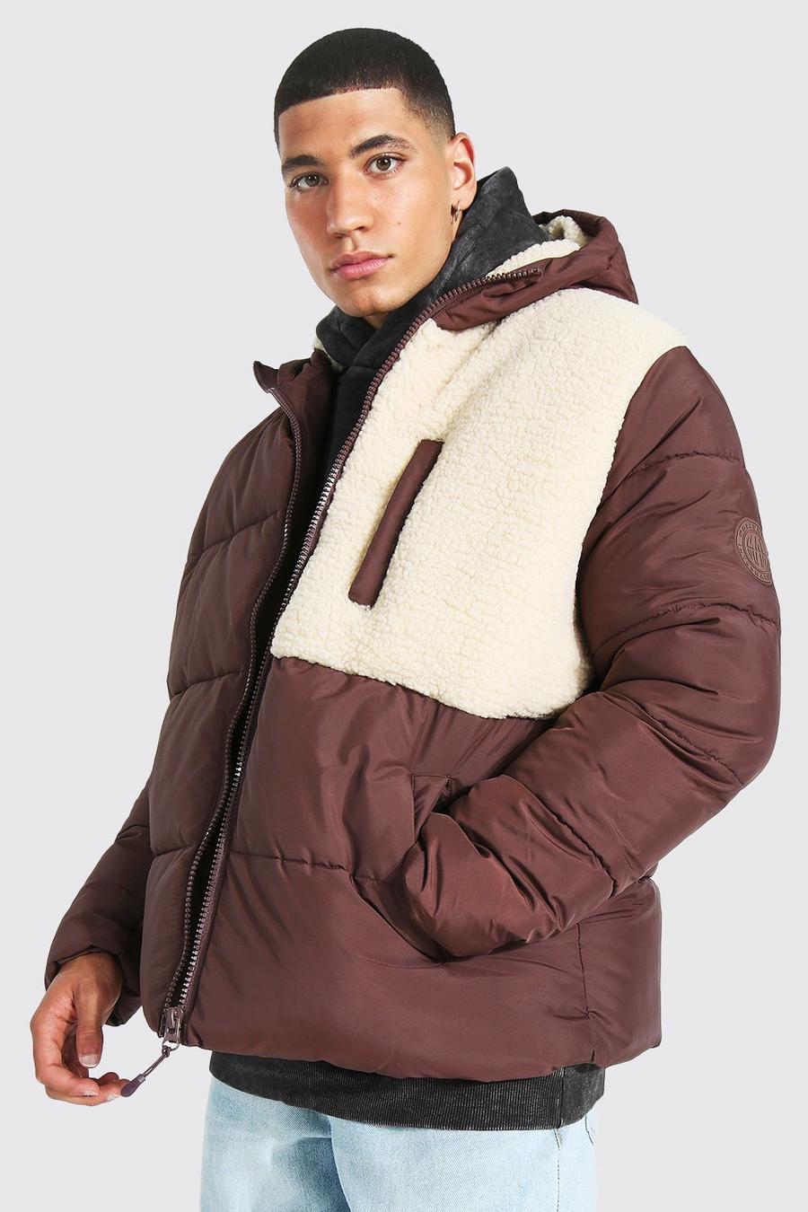 Chocolate Borg Panel Puffer With Hood image number 1
