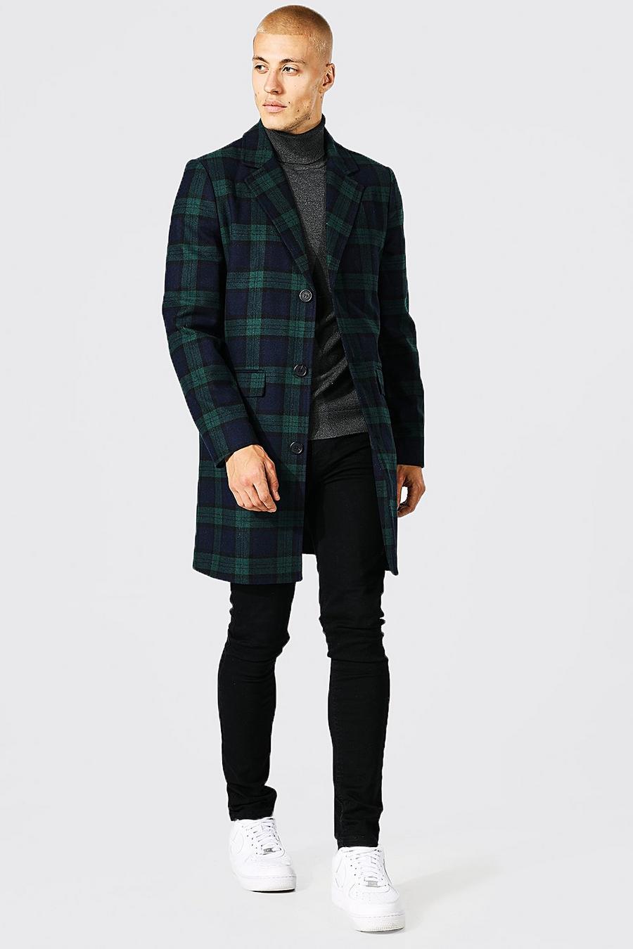Navy Blackwatch Check Single Breasted Overcoat