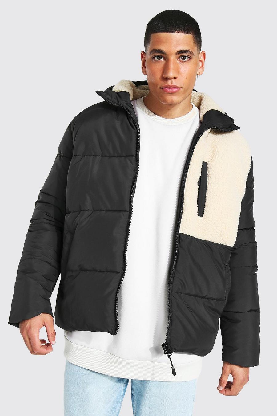 BoohooMAN Denim Plus Borg Panel Hooded Puffer in Black for Men Mens Clothing Jackets Down and padded jackets 