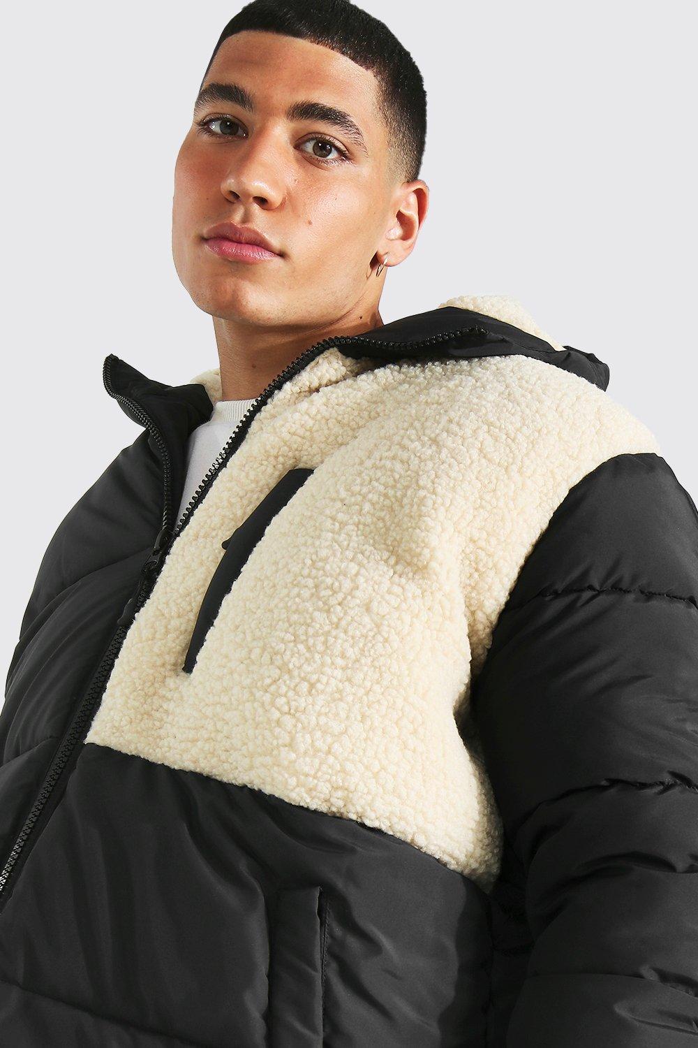 Men's Borg Panel Puffer With Hood