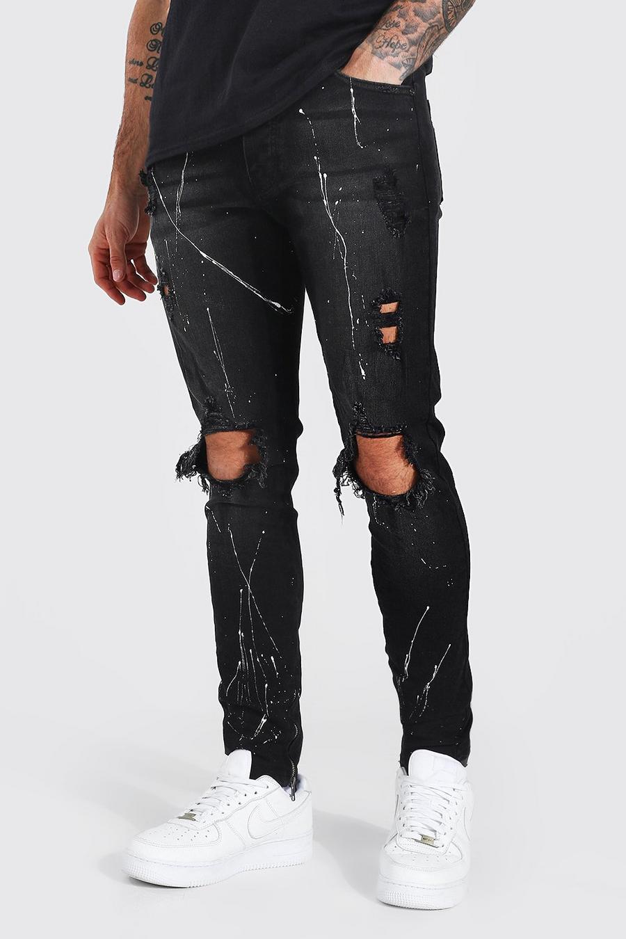 Washed black Skinny Stretch Exploded Knee Jeans image number 1