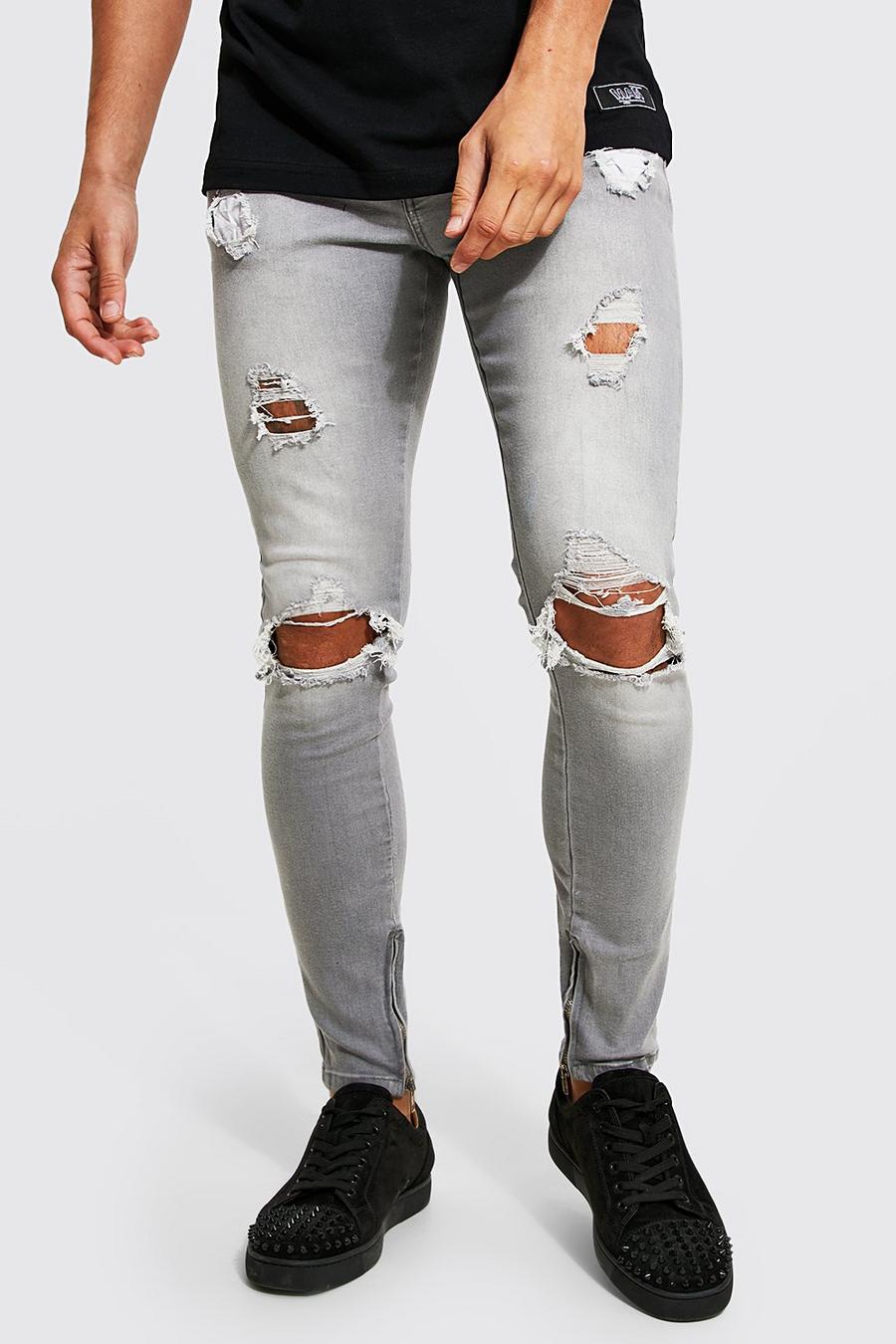 Ice grey Skinny jeans med stretch och slitna knän image number 1