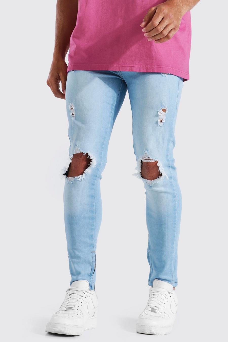 Ice blue Skinny Stretch Exploded Knee Ripped Jeans image number 1