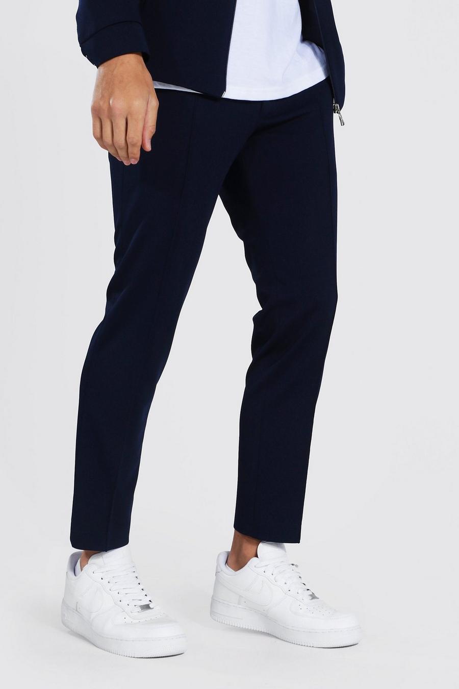 נייבי מכנסי סקיני מבד פיקה עם קפל image number 1
