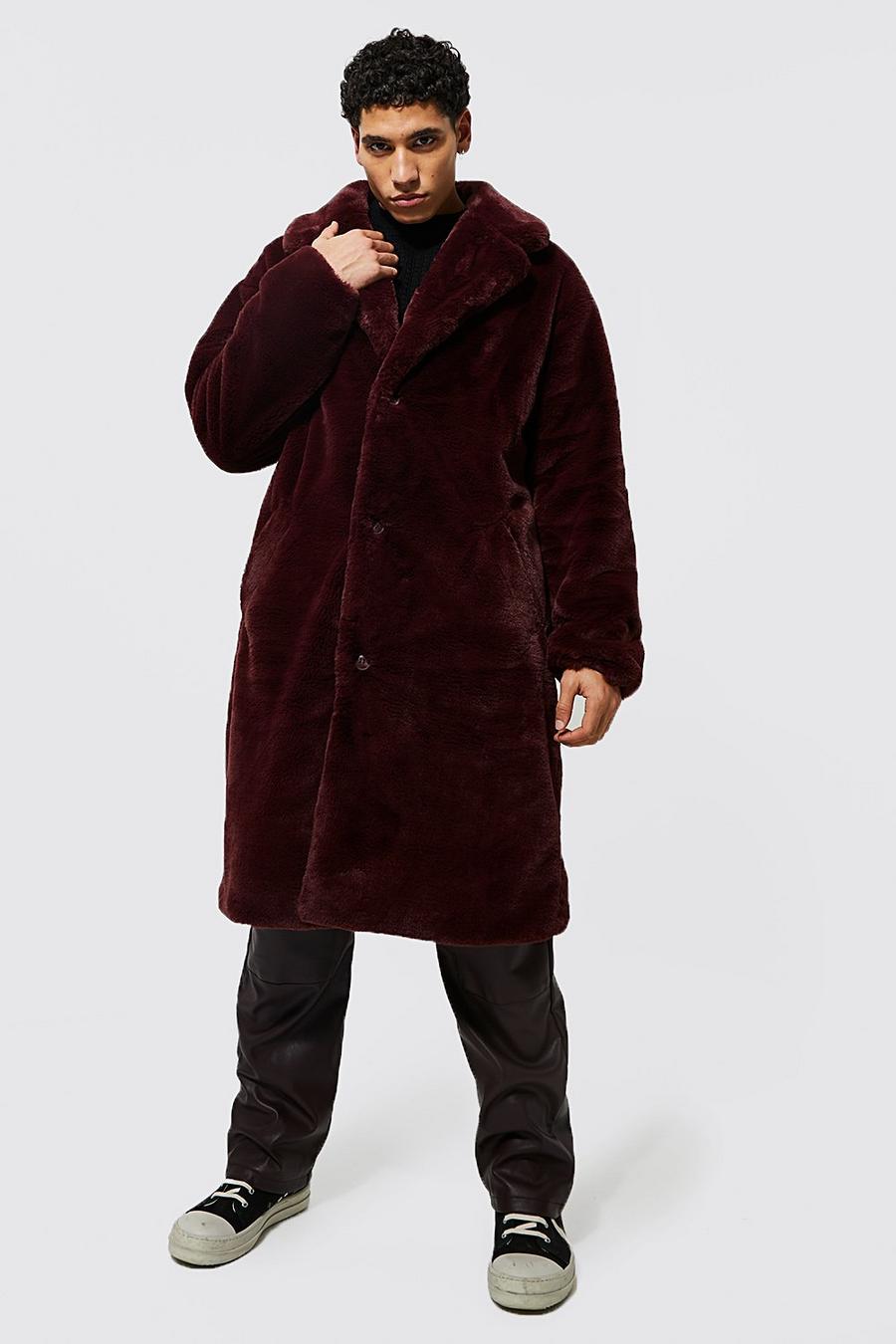 Burgundy red Plain Faux Fur Coat