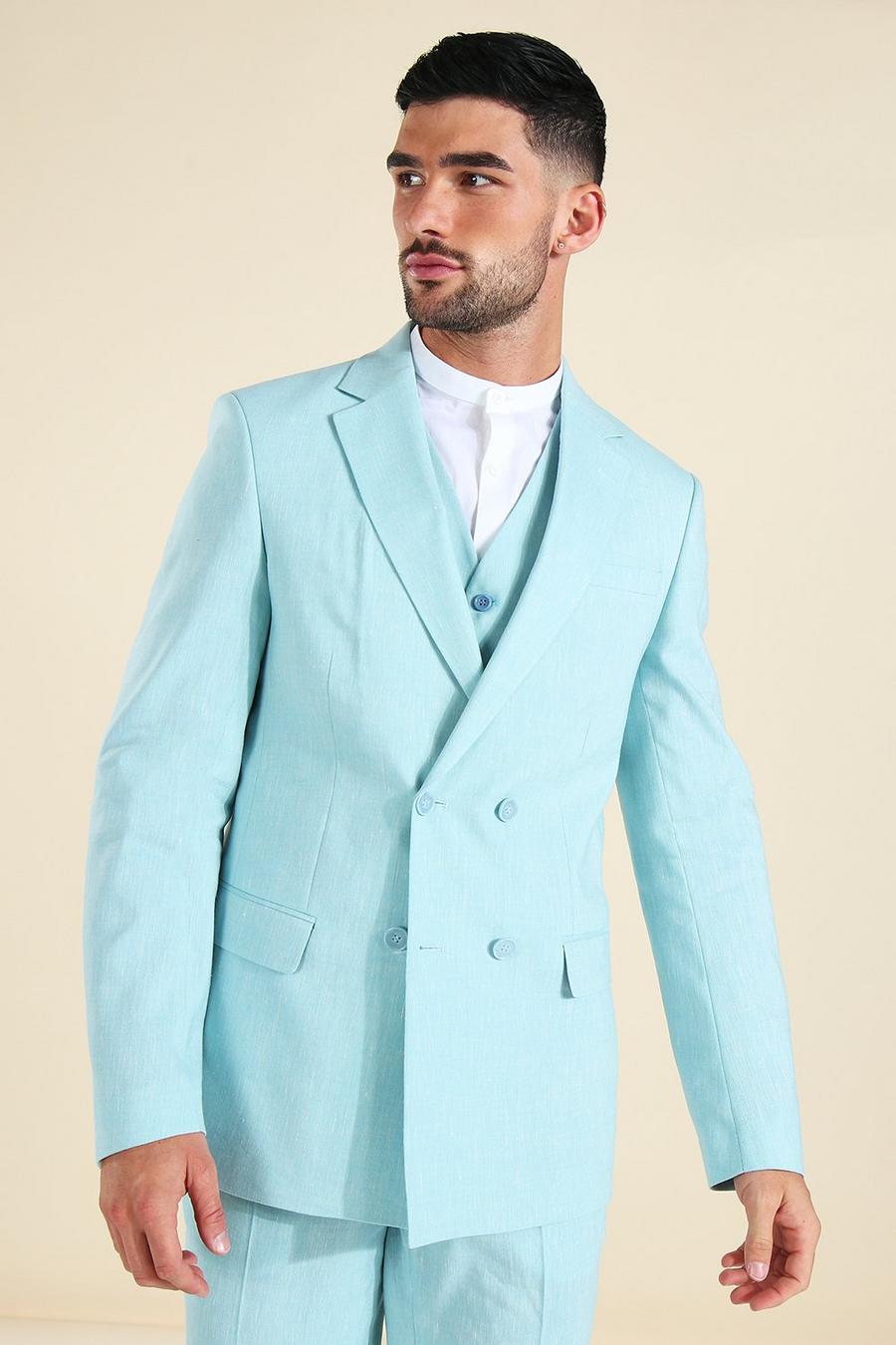 Teal Linen Slim Double Breasted Suit Jacket image number 1
