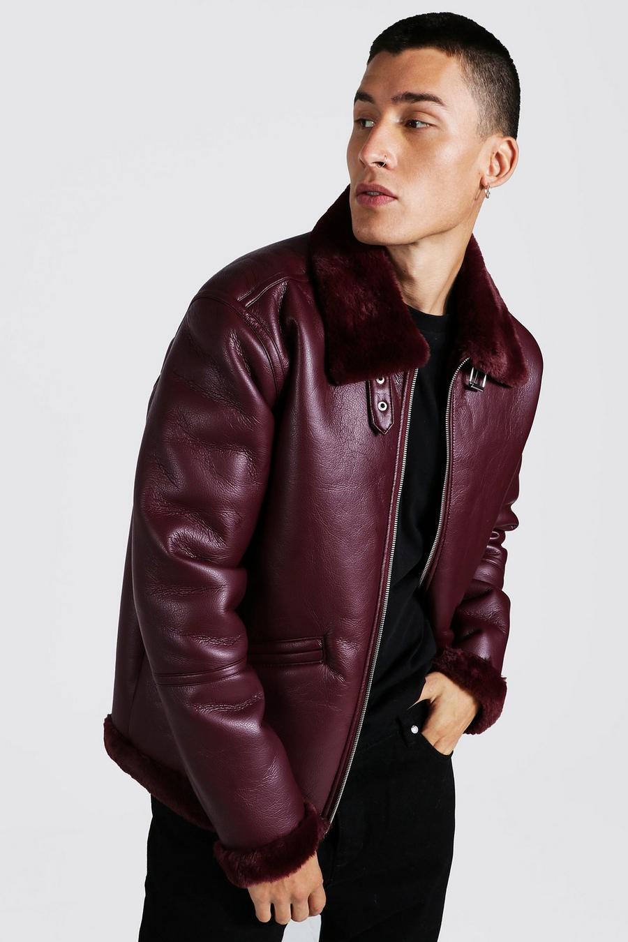 Burgundy red Leather Look Aviator With Faux Fur Collar