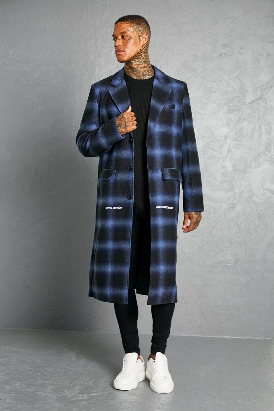 Blue Man Check Single Breasted Longline Overcoat image number 1