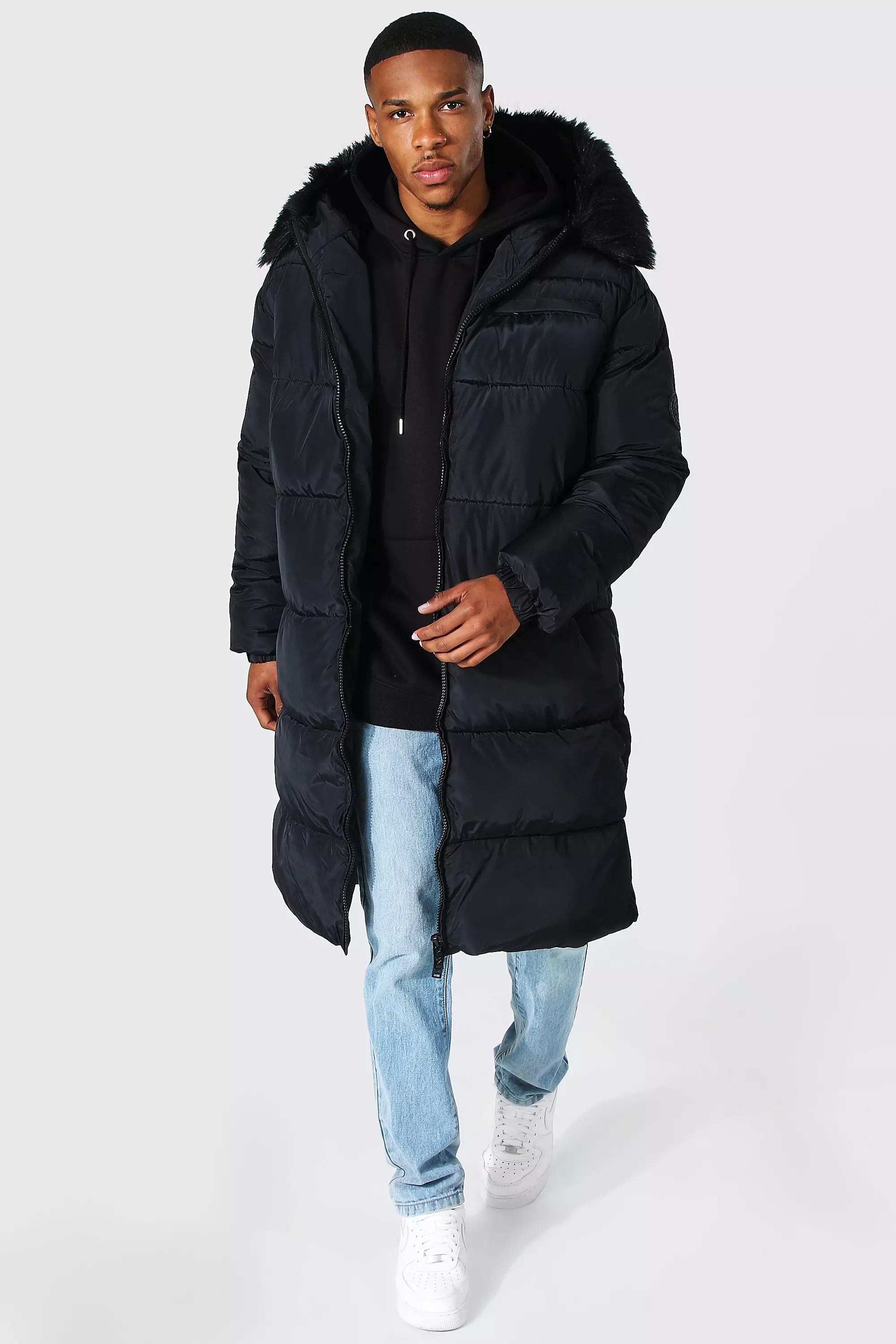 Black faux fur trim longline parka best sale