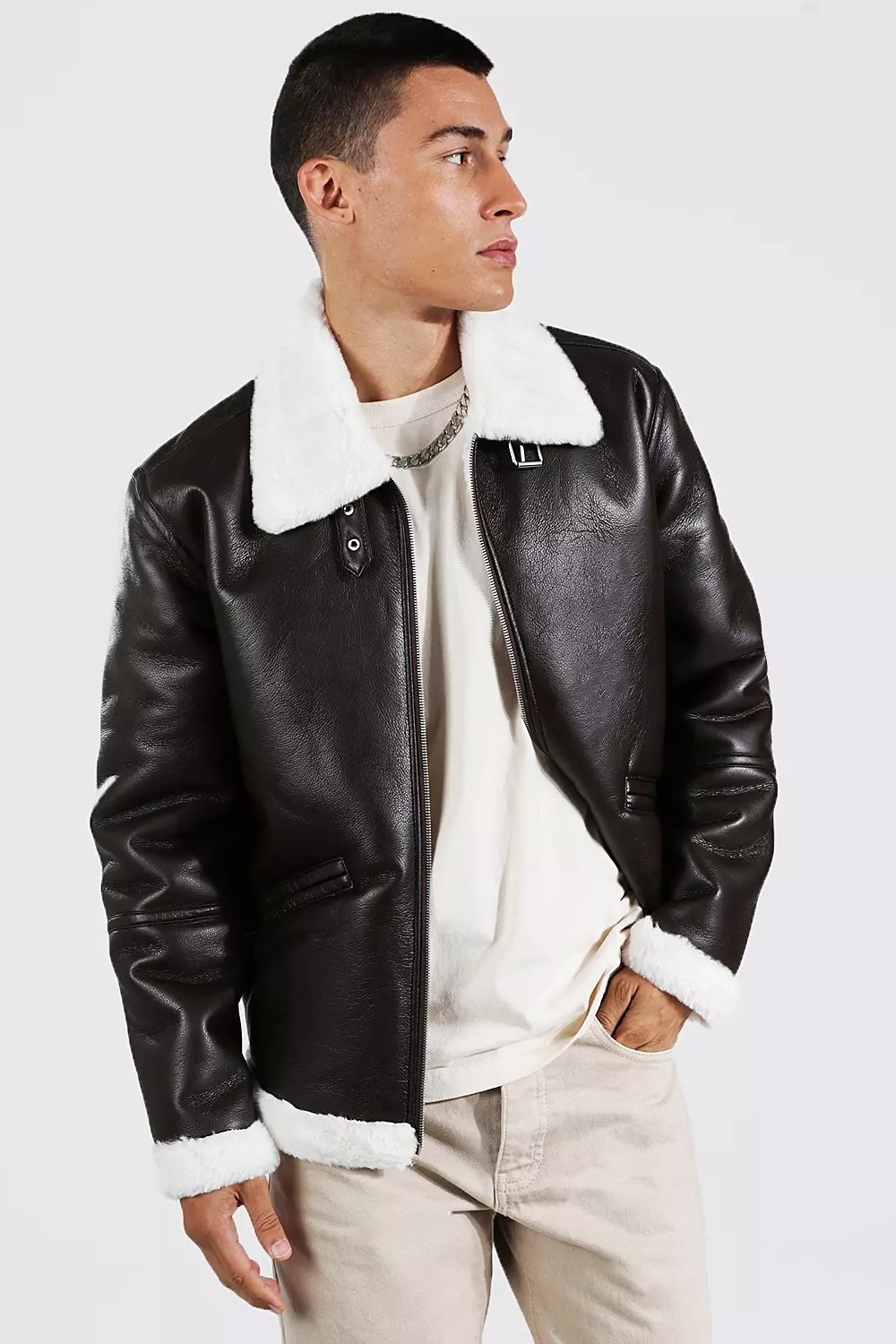 Bershka Faux Leather Aviator Jacket in Grey for Men