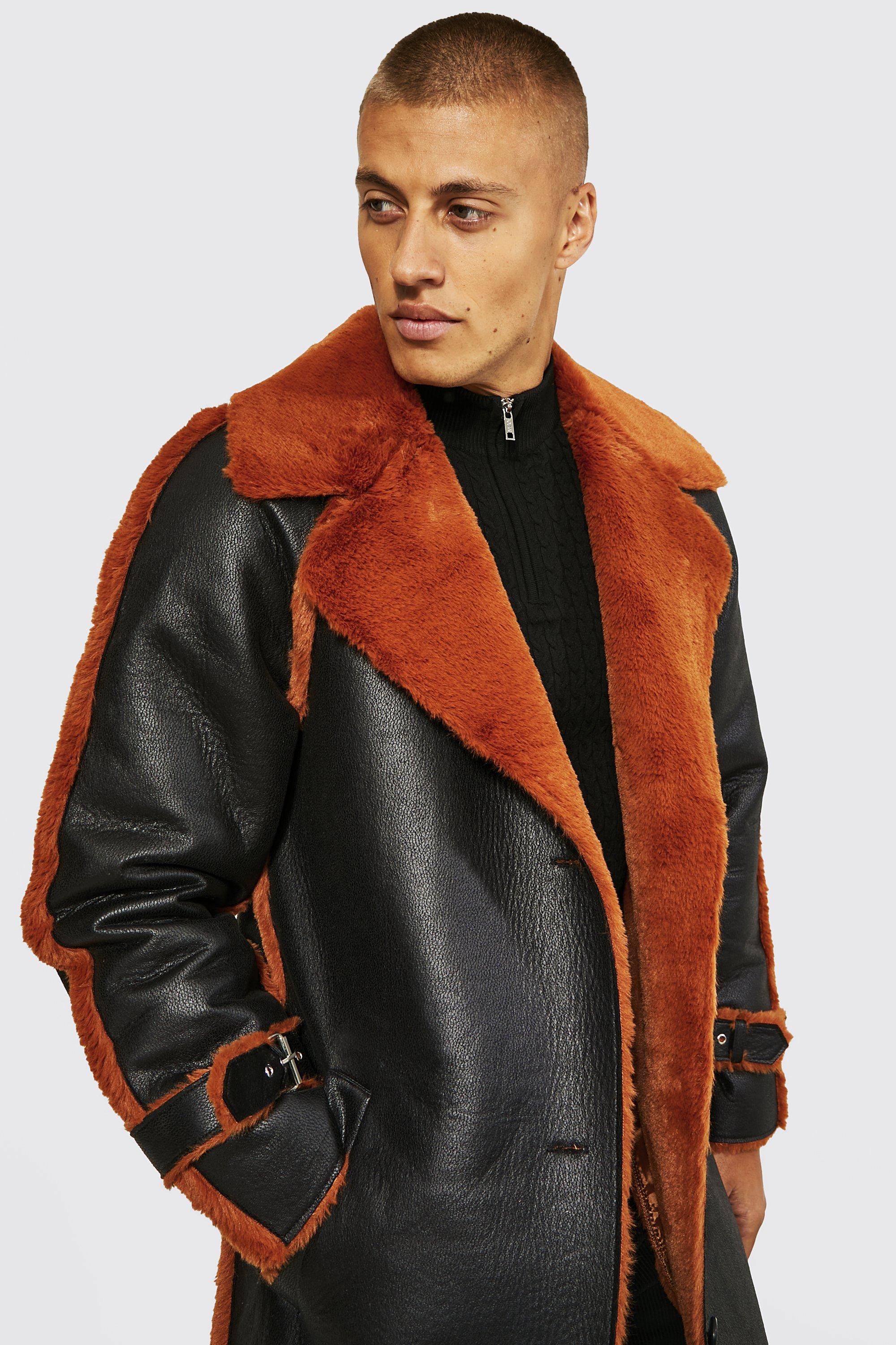 Leather Look Rust Faux Fur Longline Aviator