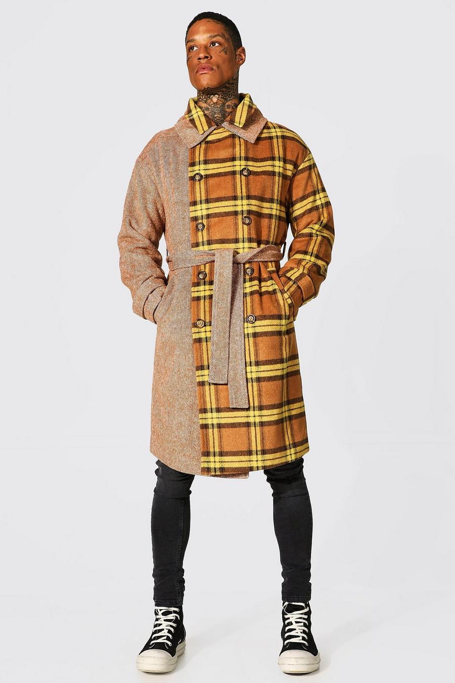 Camel Spliced Check Double Breasted Overcoat image number 1
