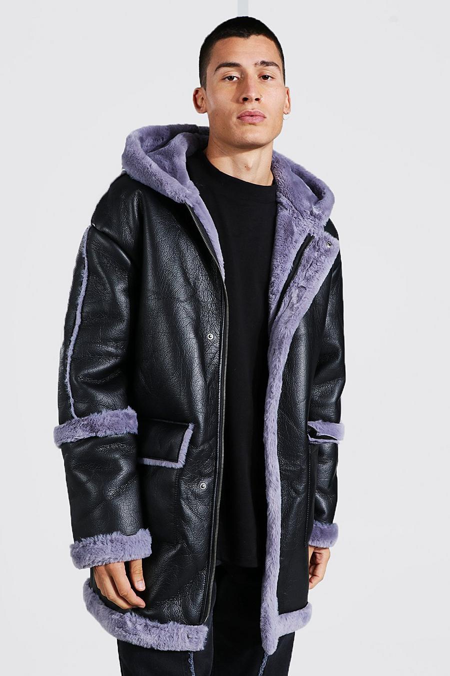 Black noir Leather Look Hooded Aviator With Faux Fur
