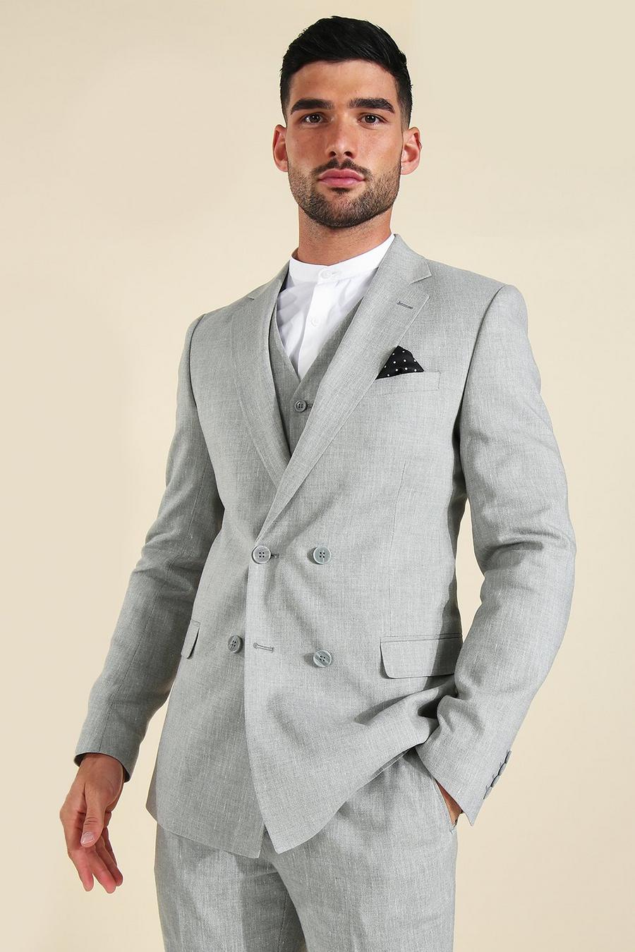 Chaqueta de traje ajustada de lino con botonadura doble, Grey image number 1