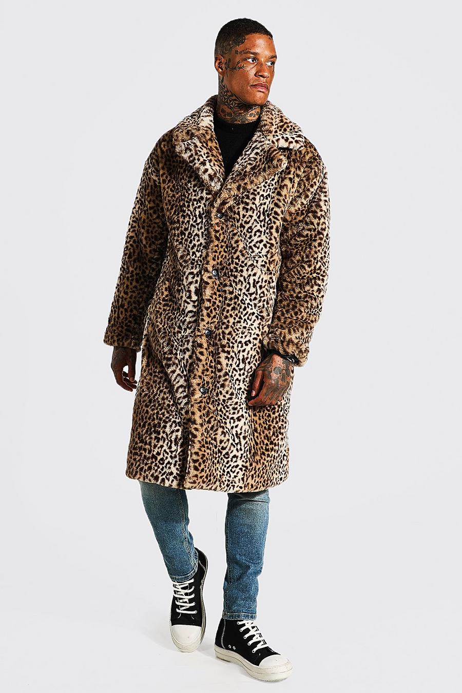 Brown brun Leopard Print Faux Fur Longline Coat image number 1