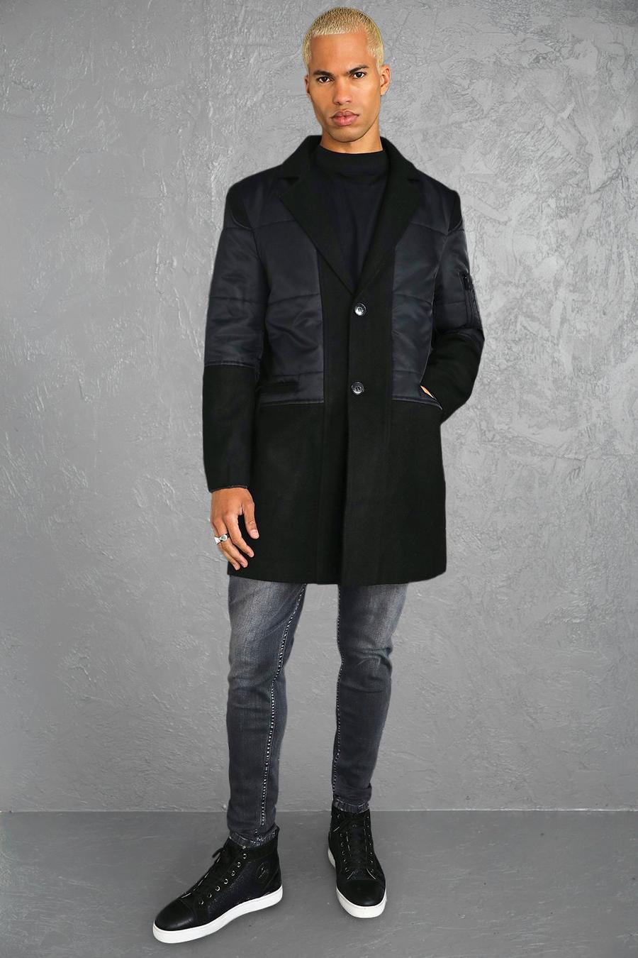 Black Mixed Fabric Single Breasted Overcoat image number 1