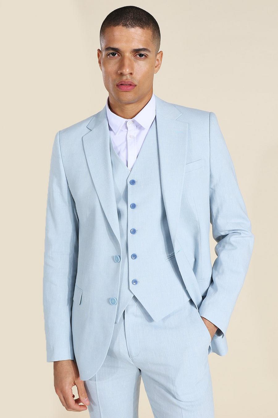 כחול ז'קט חליפה סקיני מפשתן עם דש אחד image number 1