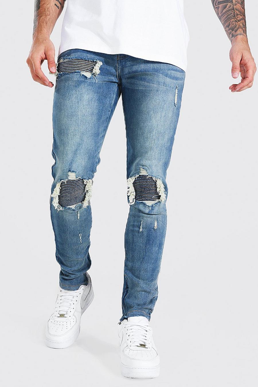 Jeans stile Biker Skinny Fit Stretch con strappi & rattoppi, Mid blue image number 1