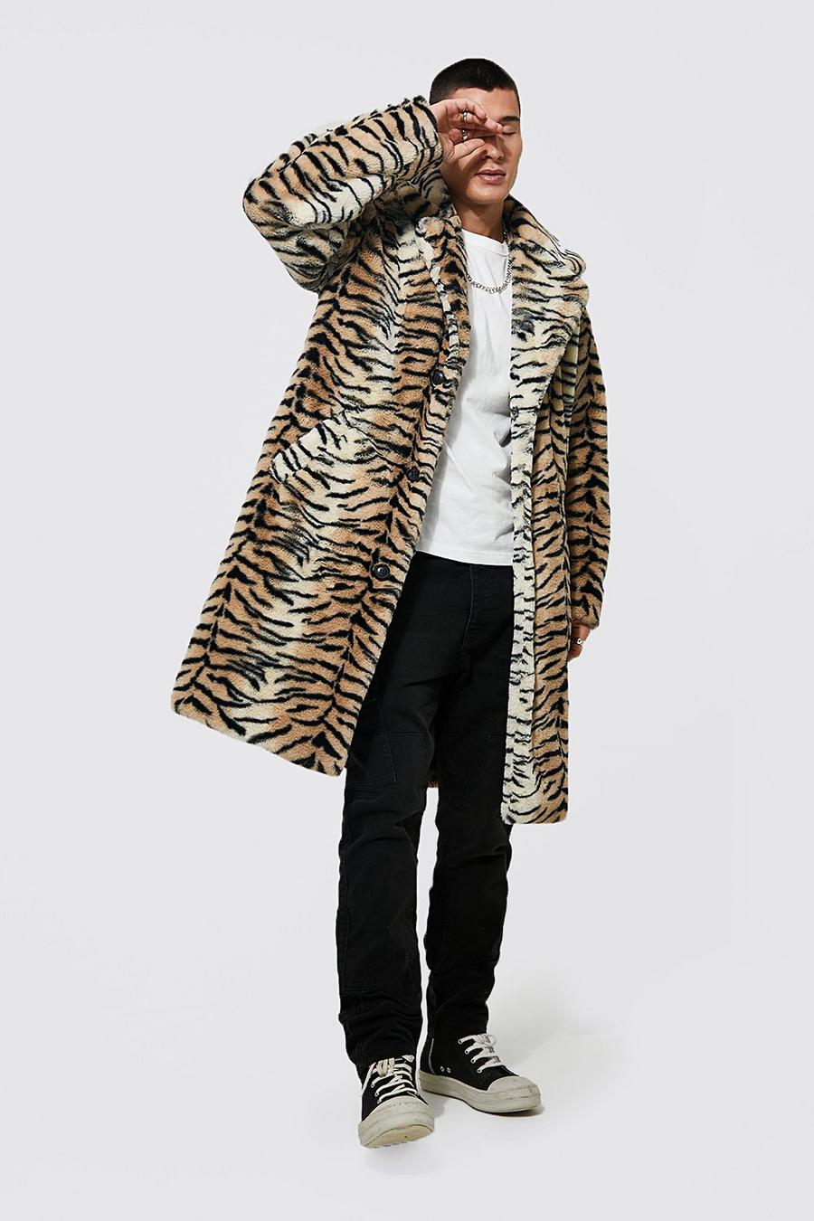 Manteau long en fausse fourrure à motif tigre, Brown image number 1
