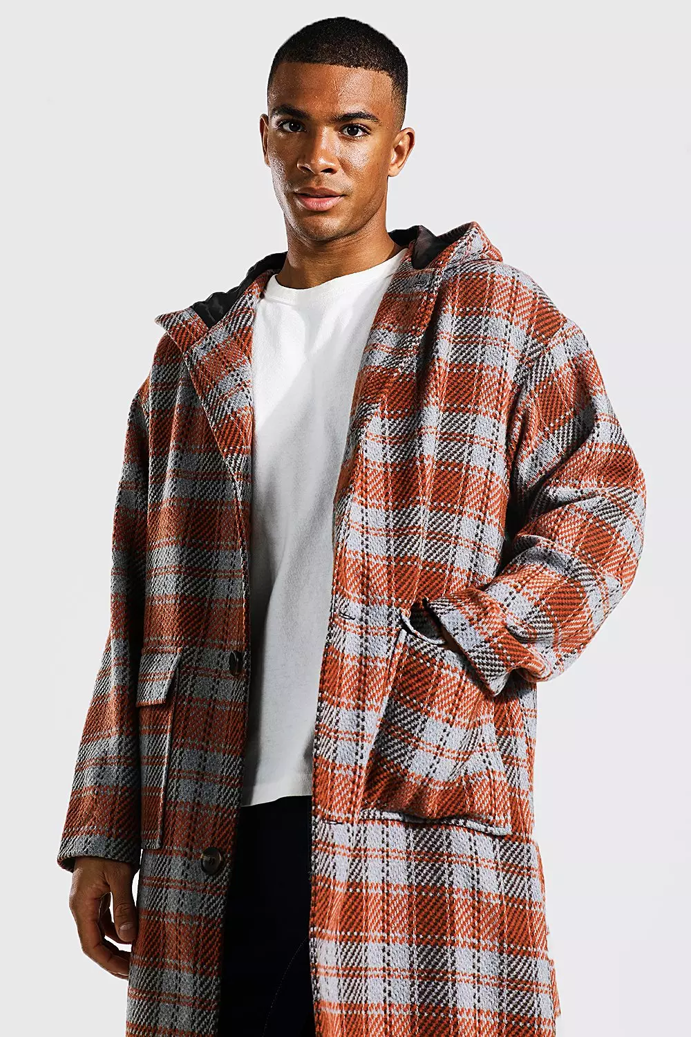 Grey check shop longline coat