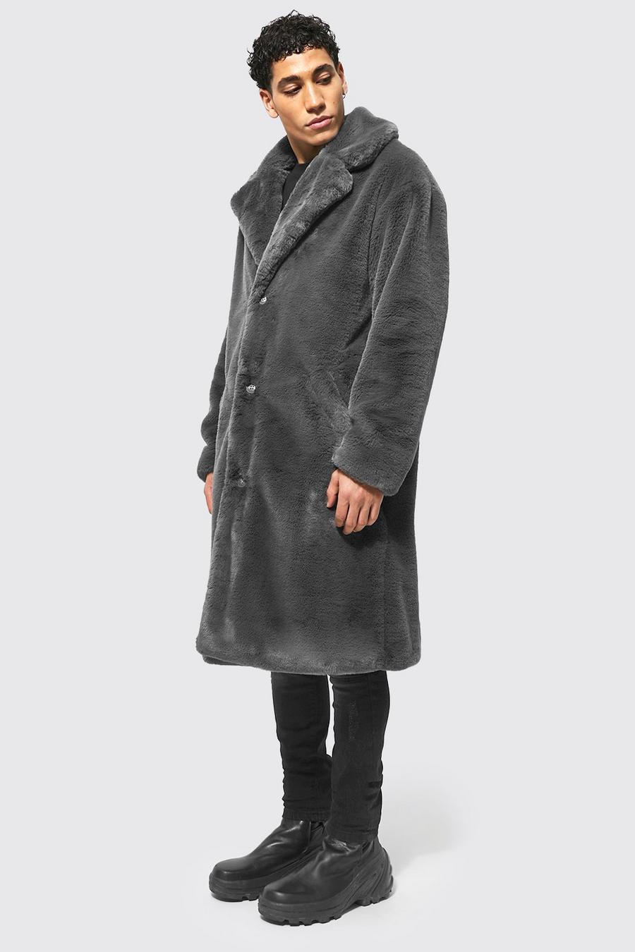 Charcoal gris Plain Faux Fur Coat