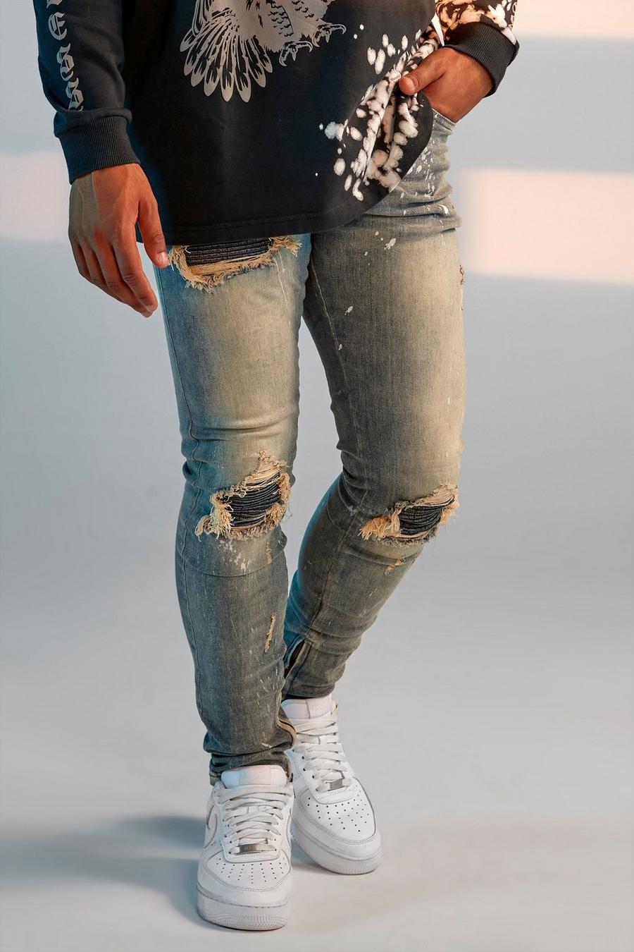 כחול עתיק סקיני ג'ינס סטרץ' בסגנון אופנוענים עם קרעים וטלאים image number 1