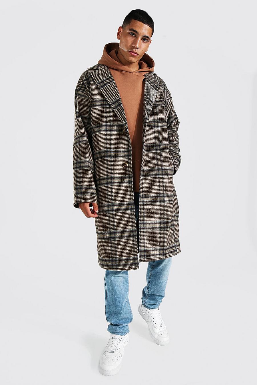 Brown marron Large Grid Check Mid Single Breasted Overcoat