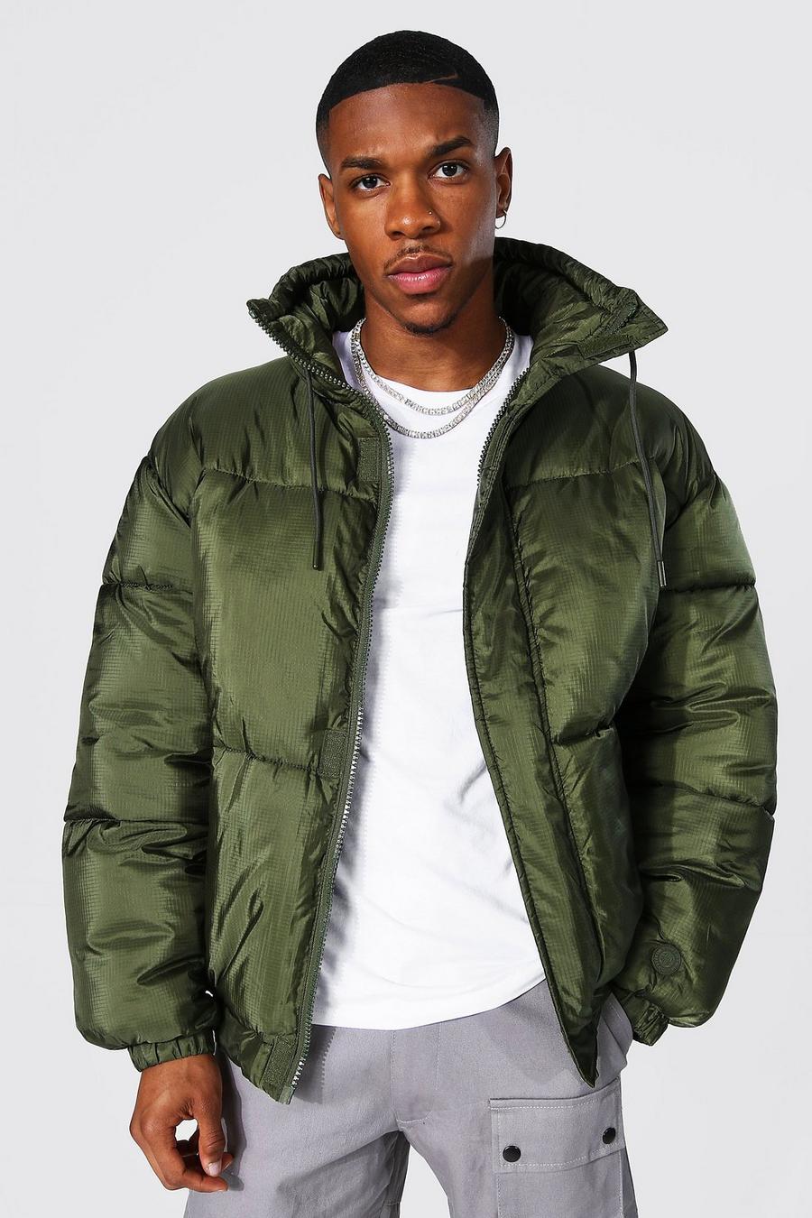 Khaki Ripstop Funnel Neck Boxy Puffer image number 1
