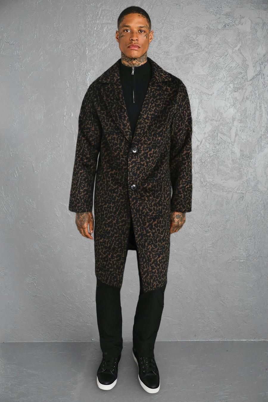 Brown brun Enkelknäppt överrock med leopardmönster image number 1