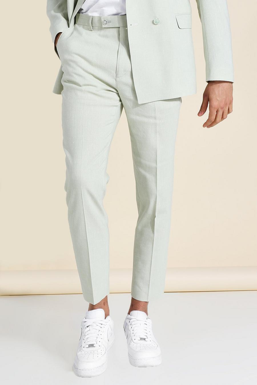 Khaki Linen Skinny Crop Suit Pants image number 1