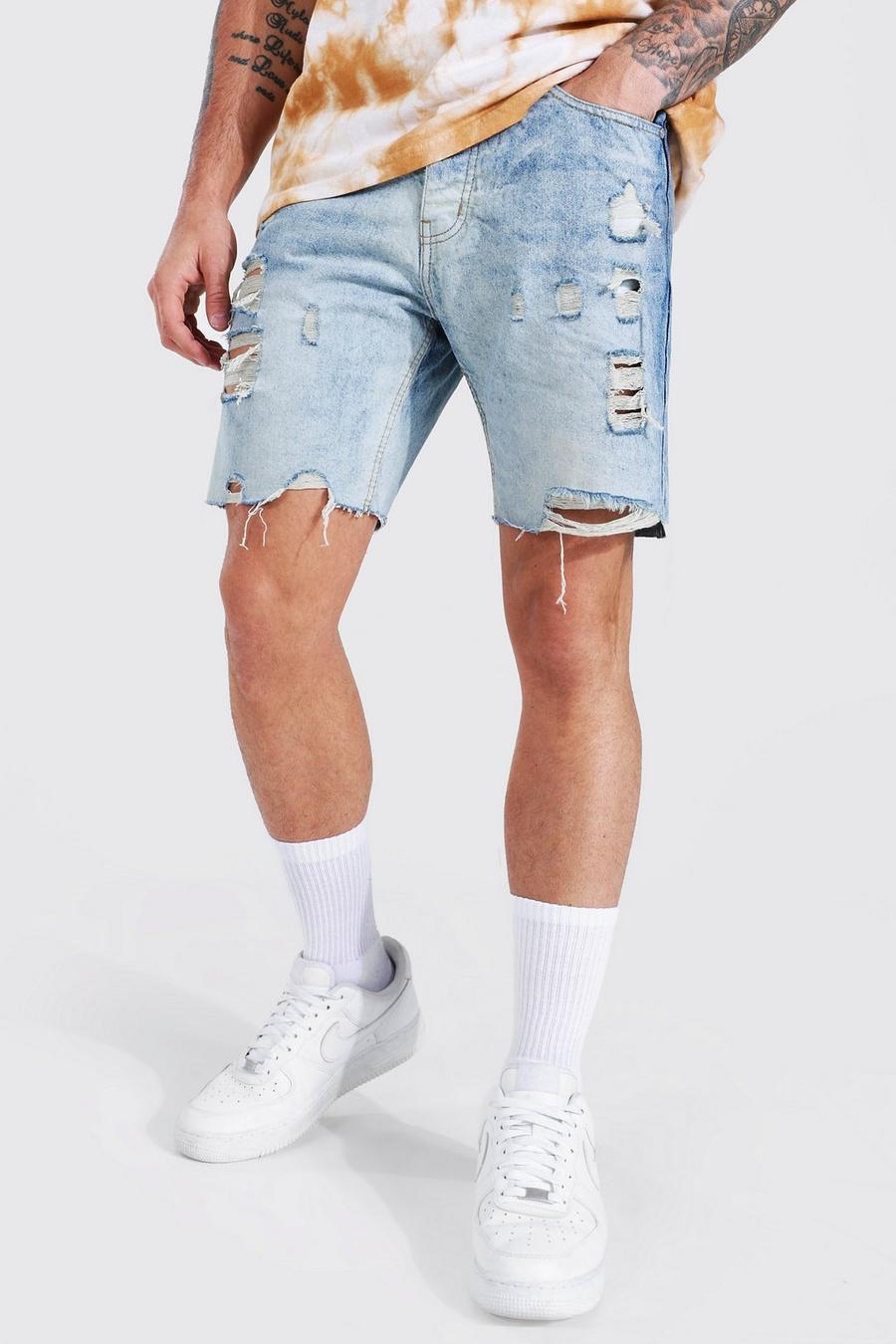 Pantaloncini Slim Fit in denim rigido con strappi, Light blue image number 1