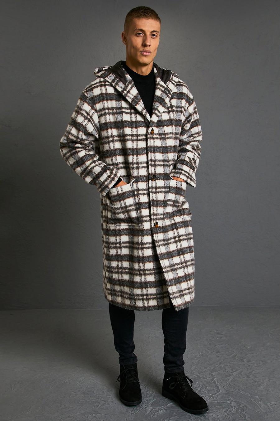 Abrigo de corte largo con capucha y estampado de cuadros, Grey image number 1