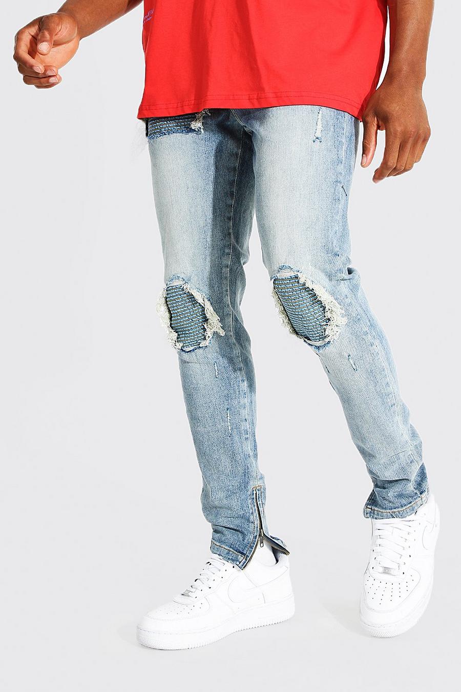 Light blue Slitna skinny jeans med bikerdetaljer, stretch och lagningar image number 1