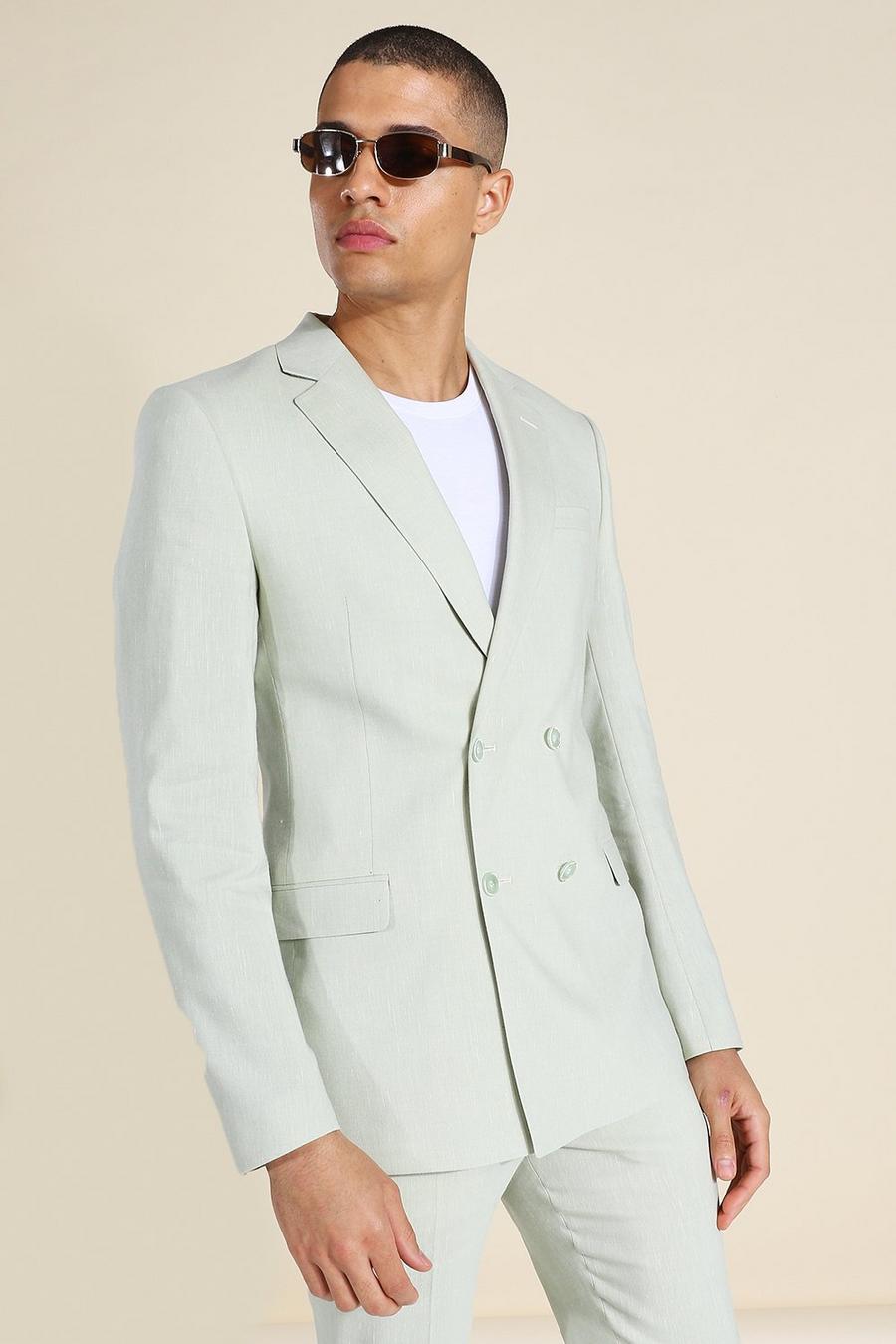 חאקי ז'קט חליפה סקיני מפשתן עם דשים כפולים image number 1