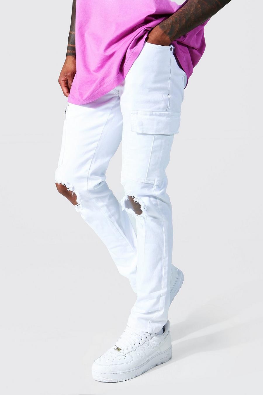 Jeans Cargo Super Skinny Fit con strappi sulle ginocchia, White image number 1