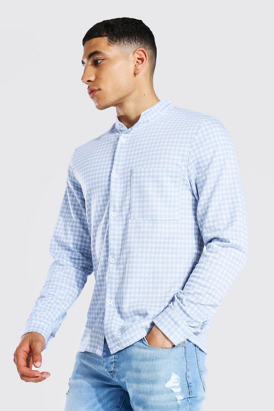 Blue Long Sleeve Slim Dogtooth Jacquard Shirt image number 1