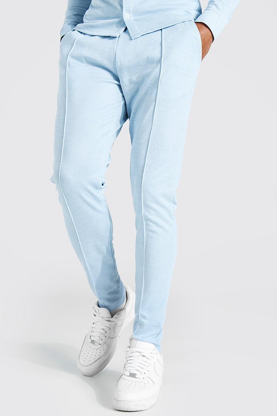 כחול בהיר מכנסי ג'קארד סקיני עם הדפס משבצות וקפל image number 1