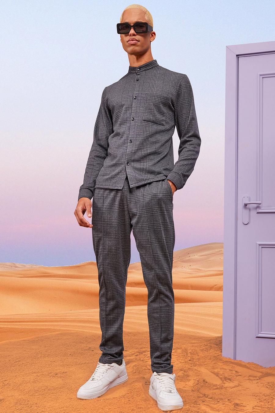 Charcoal Long Sleeve Slim Check Jacquard Shirt image number 1