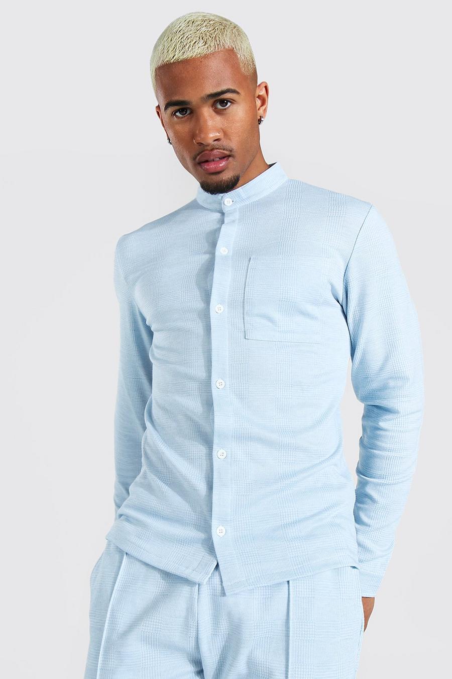 כחול בהיר חולצת ג'קארד בגזרה צרה עם הדפס משבצות ושרוולים ארוכים image number 1