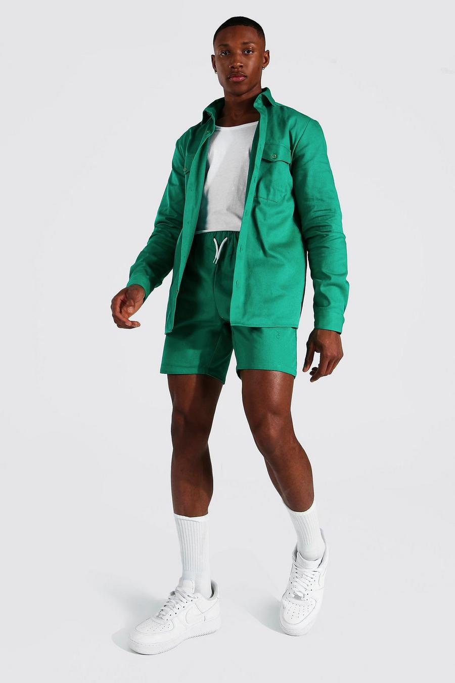 Green Long Sleeve Twill Overshirt And Shorts image number 1