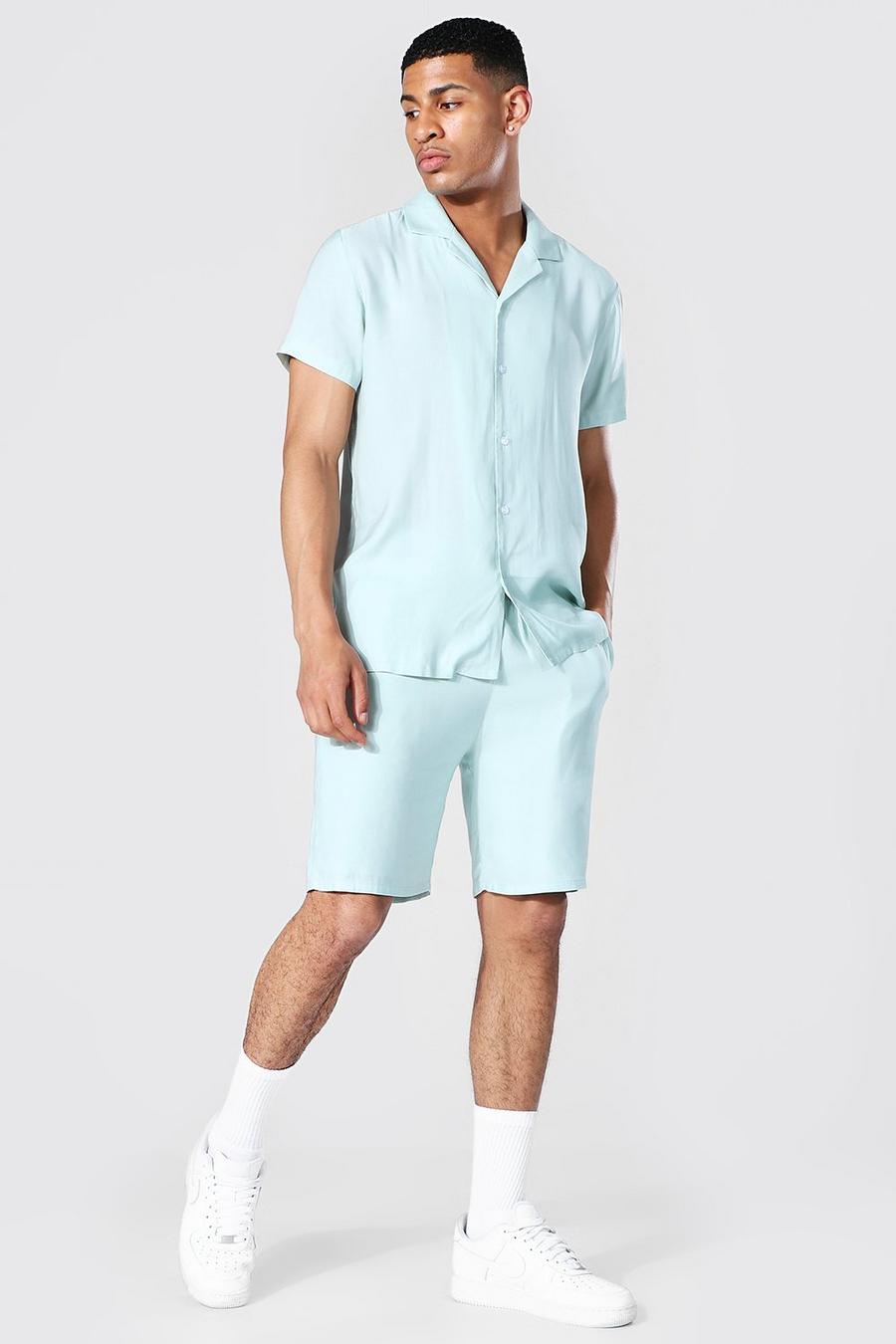 Mint Rayon Overhemd Met Textuur En Shorts Set image number 1