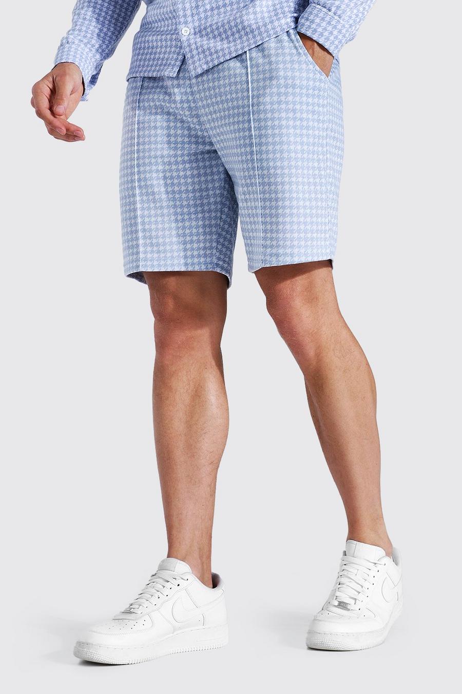 Blue Mid Length Dogtooth Shorts With Pintuck image number 1