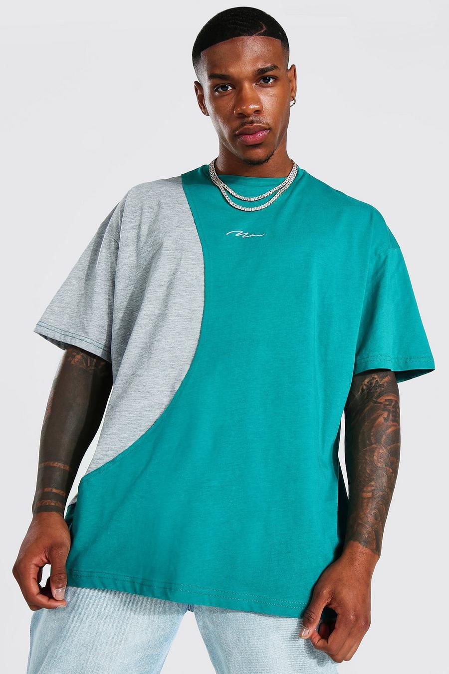 Green Oversized Man Signature Spliced T-shirt image number 1