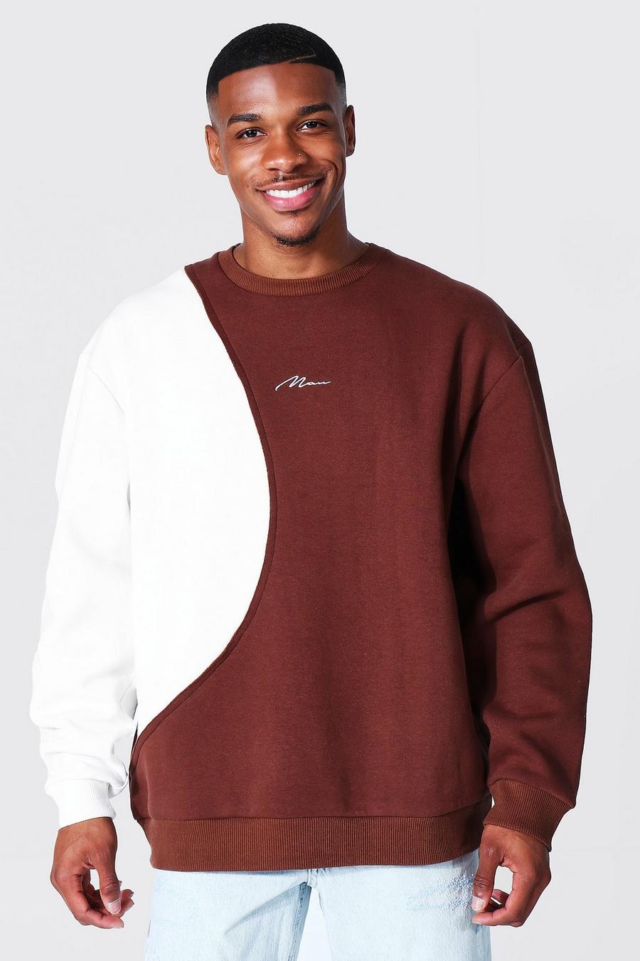 Chocolate Oversized Man Signature Spliced Sweatshirt image number 1