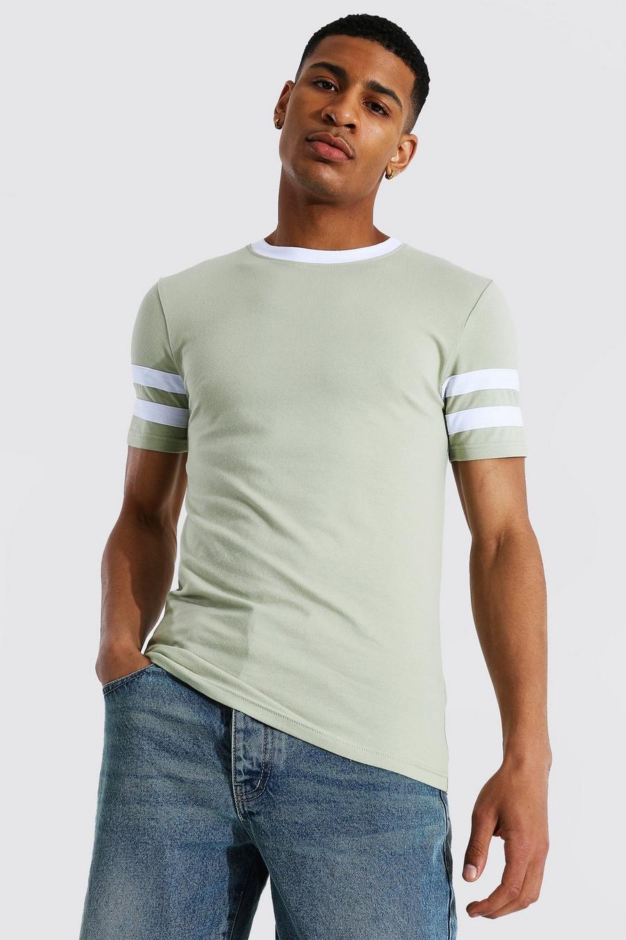 Sage Muscle Fit T-Shirt Met Contrasterend Paneel image number 1