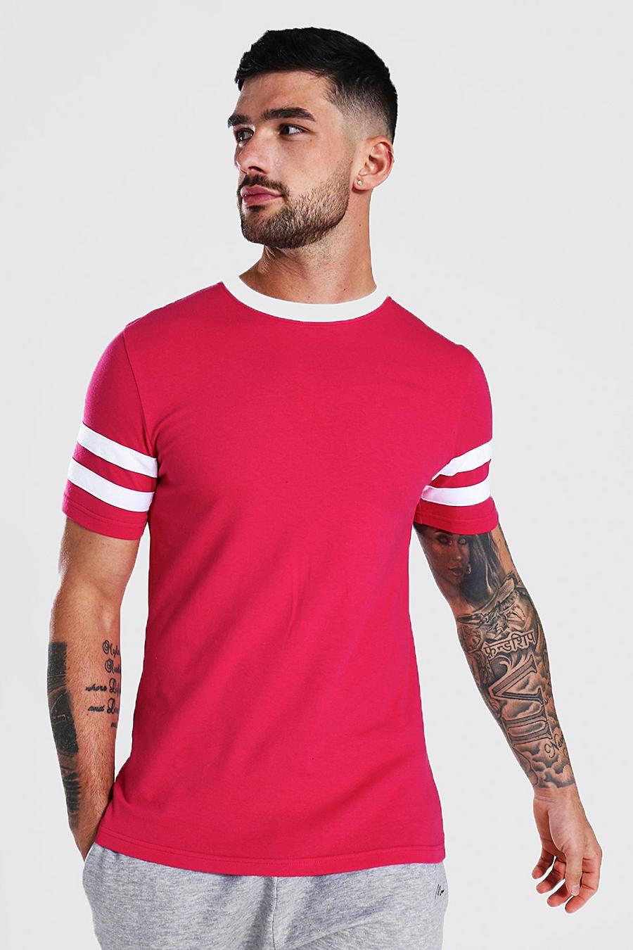 Muscle Fit T-Shirt mit Kontrast-Streifen, Pink image number 1
