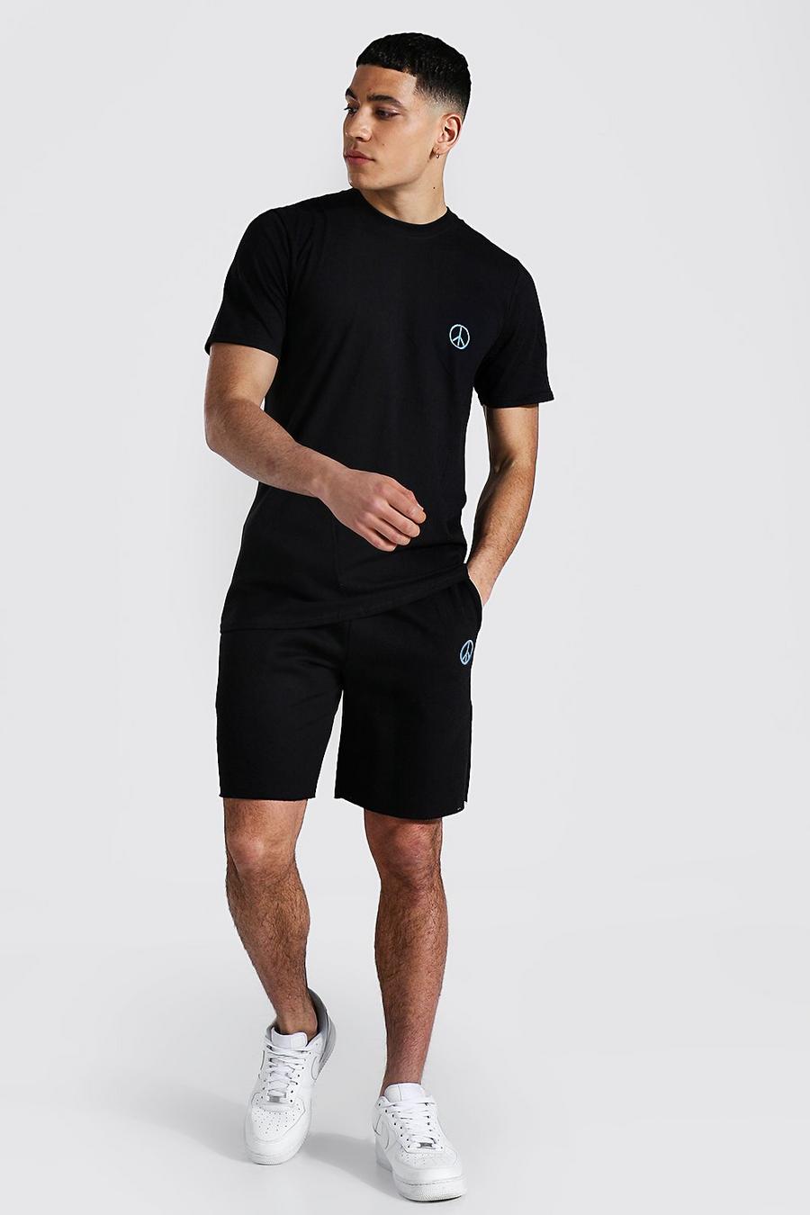 Conjunto de pantalones cortos y camiseta con símbolo de la paz bordado, Negro image number 1