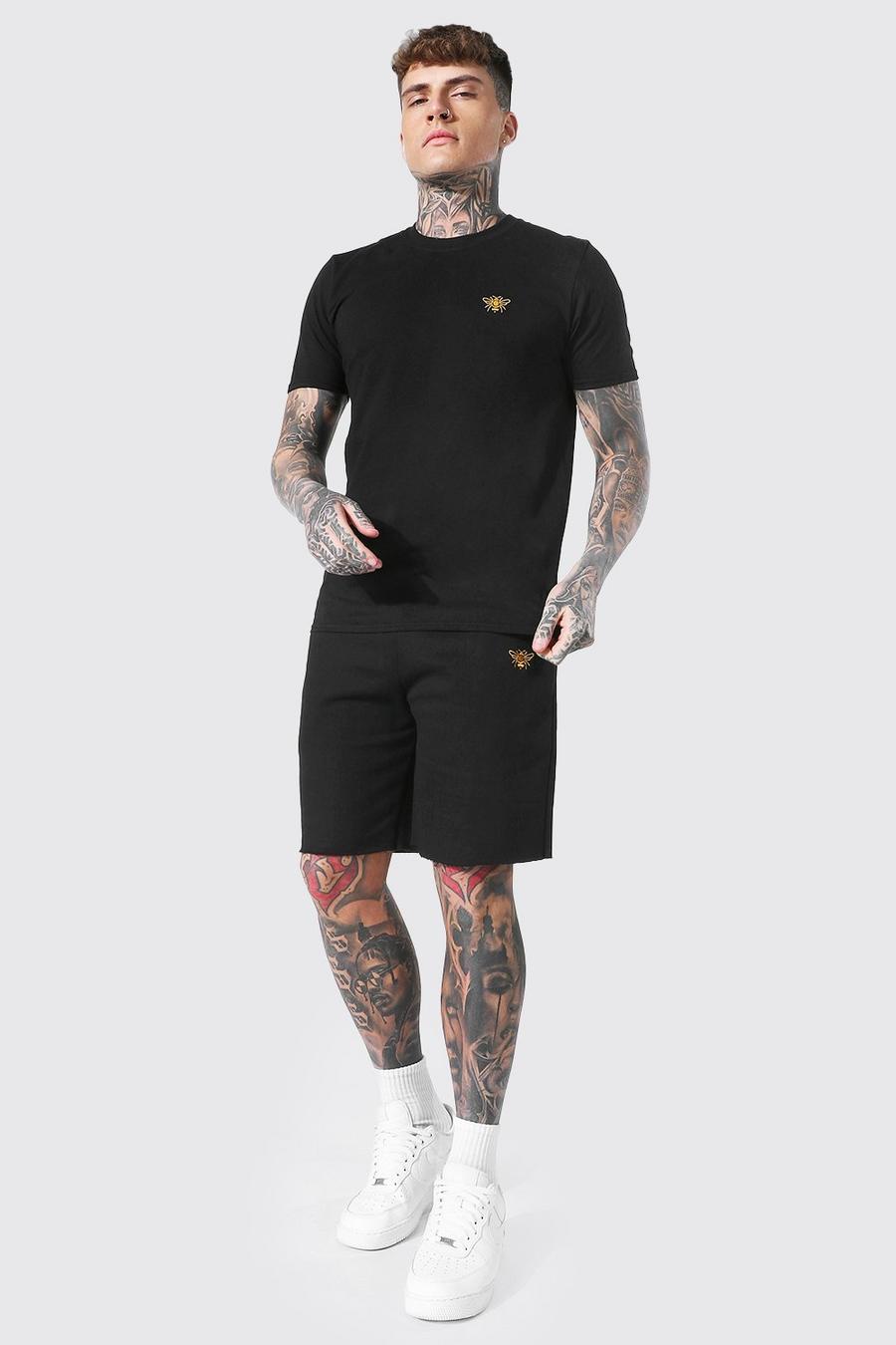 Black Geborduurd Bijen T-Shirt En Shorts Set image number 1