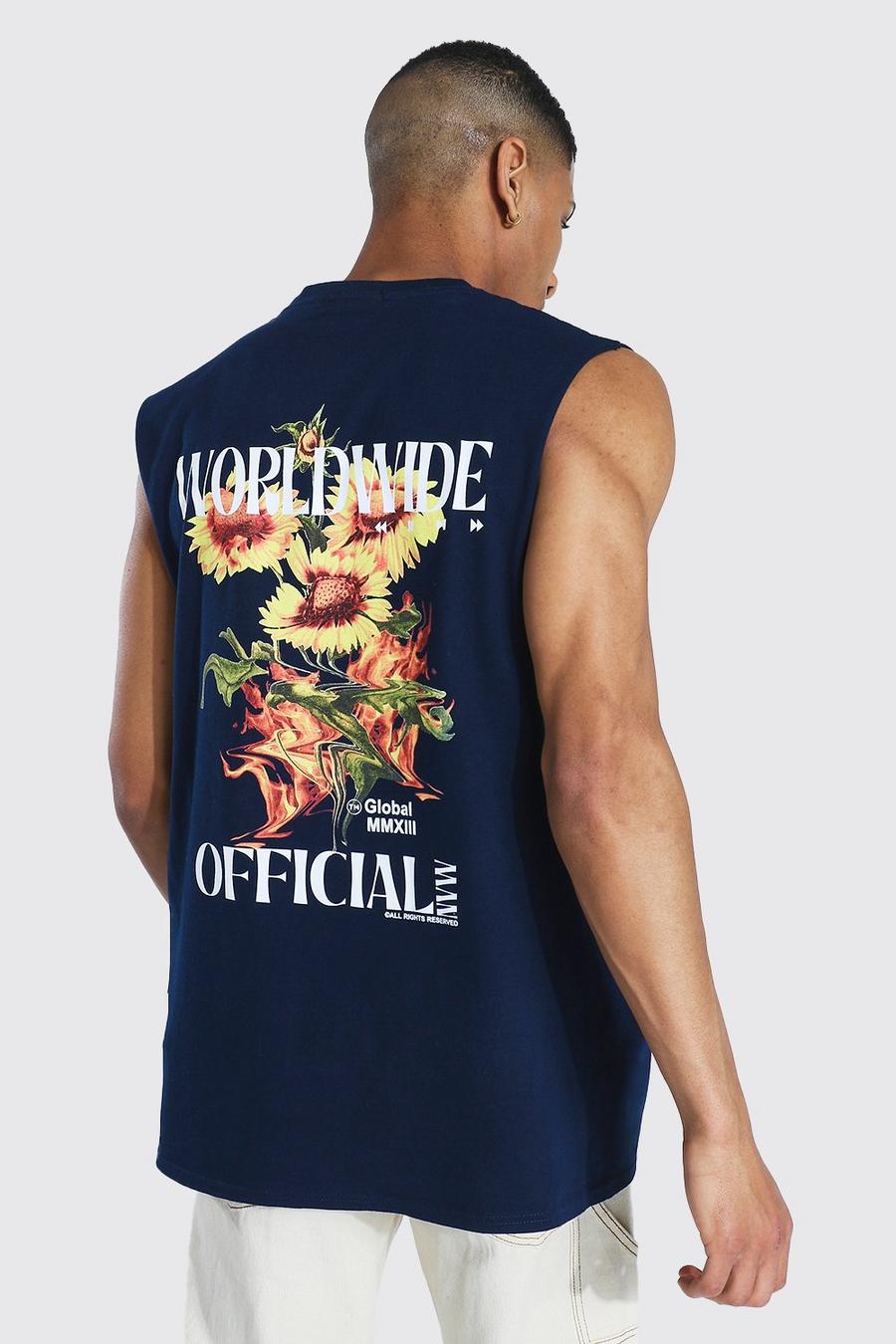 Camiseta de tirantes ancha con gráfico floral Worldwide, Azul marino image number 1